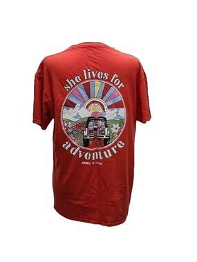 KINDNESS & CONFETTI LADIES LARGE TEE SHE LIVES FOR ADVENTURE